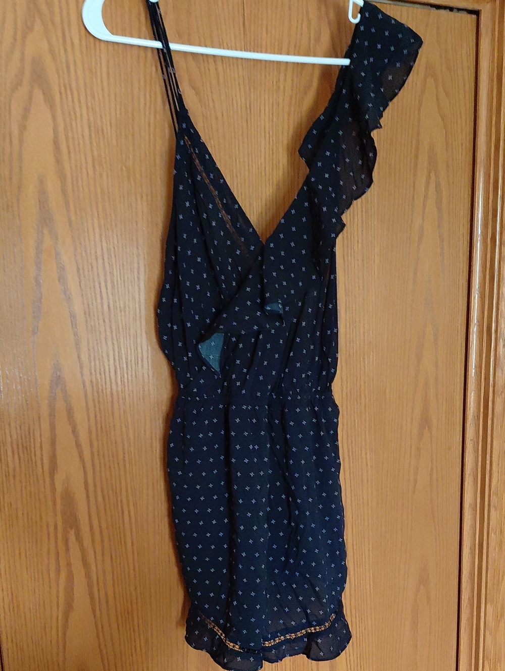 Free People Navy Blue Ruffled V-Neck Sleep Romper with Tiny Dot Print